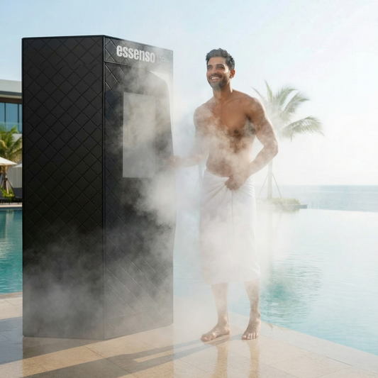 Man standing next to an essensa steam machine in a misty outdoor setting with a pool and palm trees.