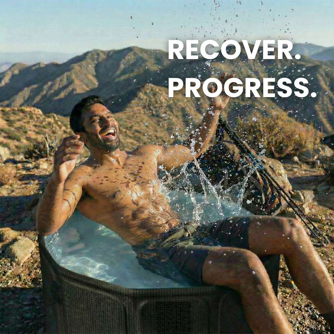 Man relaxing in an essensolife ice with mountains in the background, text 'RECOVER. PROGRESS.'